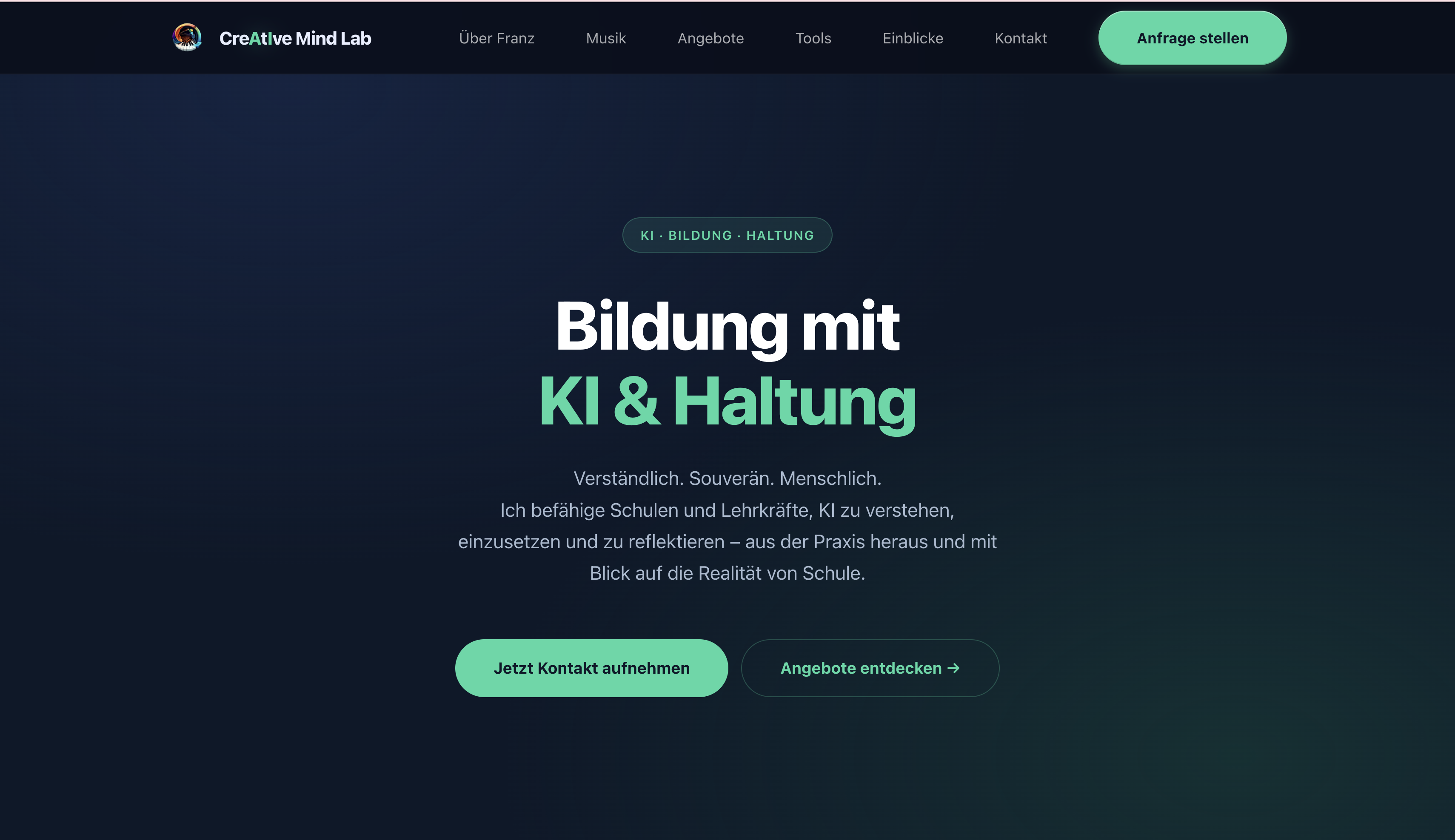 Screenshot der Creative Mind Lab Startseite