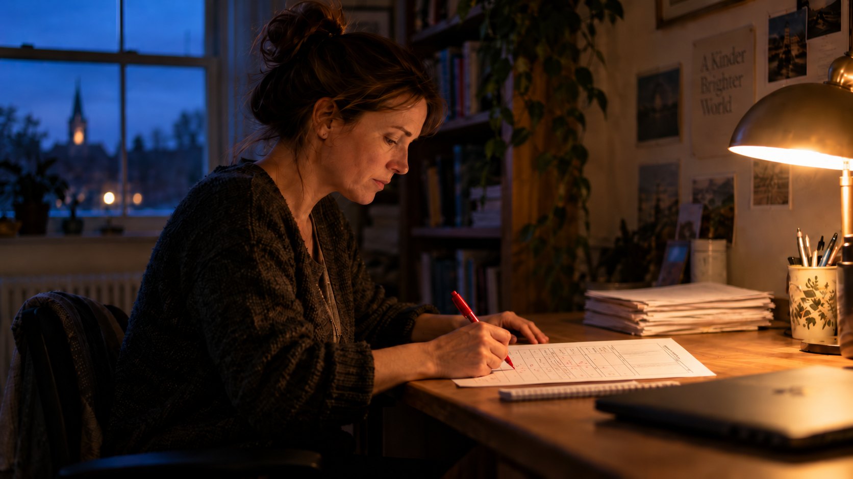 Eine Lehrerin korrigiert am Abend am Schreibtisch mit rotem Stift eine Arbeit. Neben ihr ein Stapel weiterer Arbeiten, am Rand ein zugeklappter Laptop.