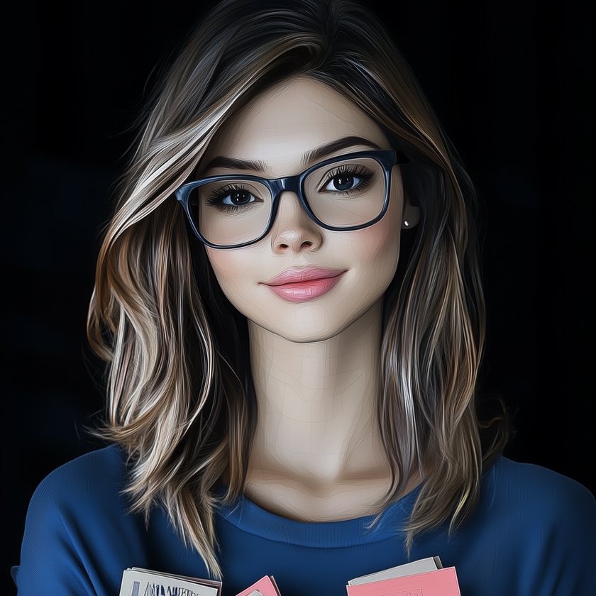 Frühe Visualisierung der Figur Mina von 2024 im gemalt wirkenden Stil: eine junge Frau mit blond gesträhntem, schulterlangem Haar, dunkler Brille und blauem Pullover, die freundlich lächelt und Hefte in der Hand hält.