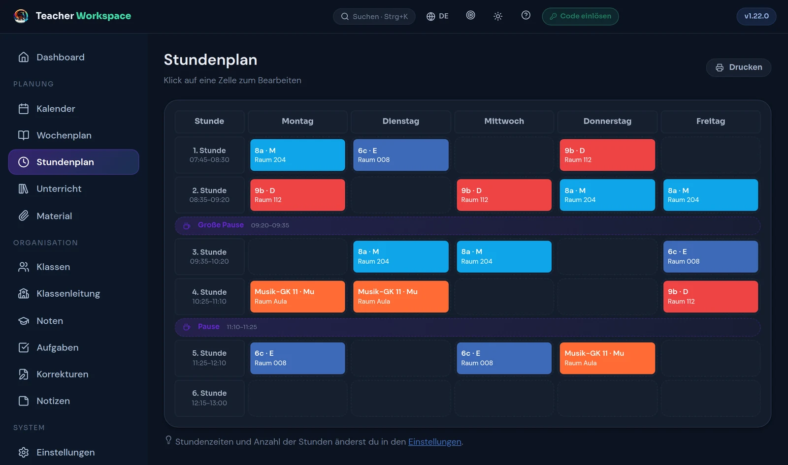 Teacher Workspace: Wochenraster des Stundenplans mit farbig hinterlegten Klassen, Pausenzeilen und Raumangaben