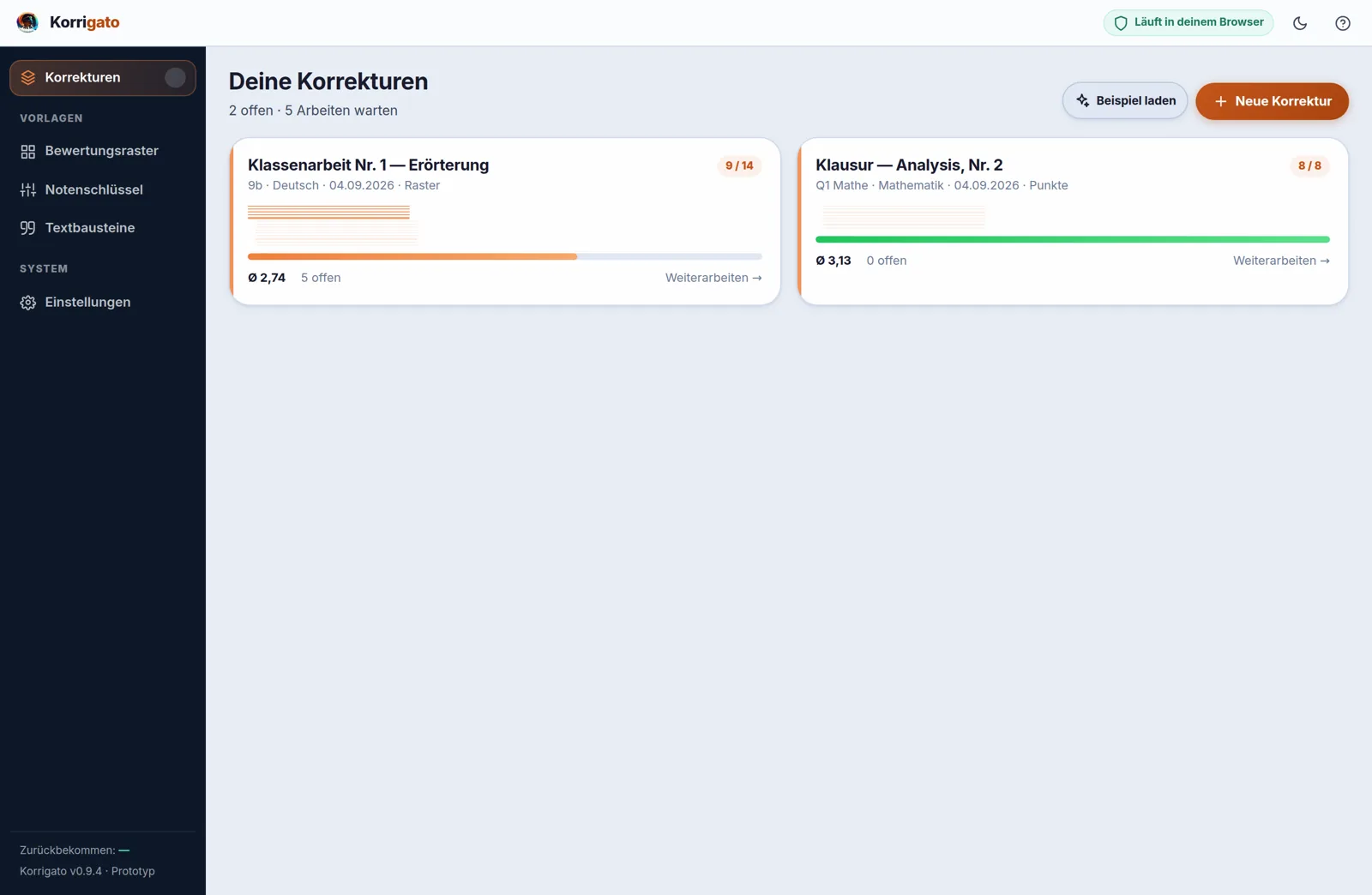 Die Übersicht in Korrigato: zwei Korrekturstapel mit Fortschrittsbalken, Klasse, Fach und Datum.